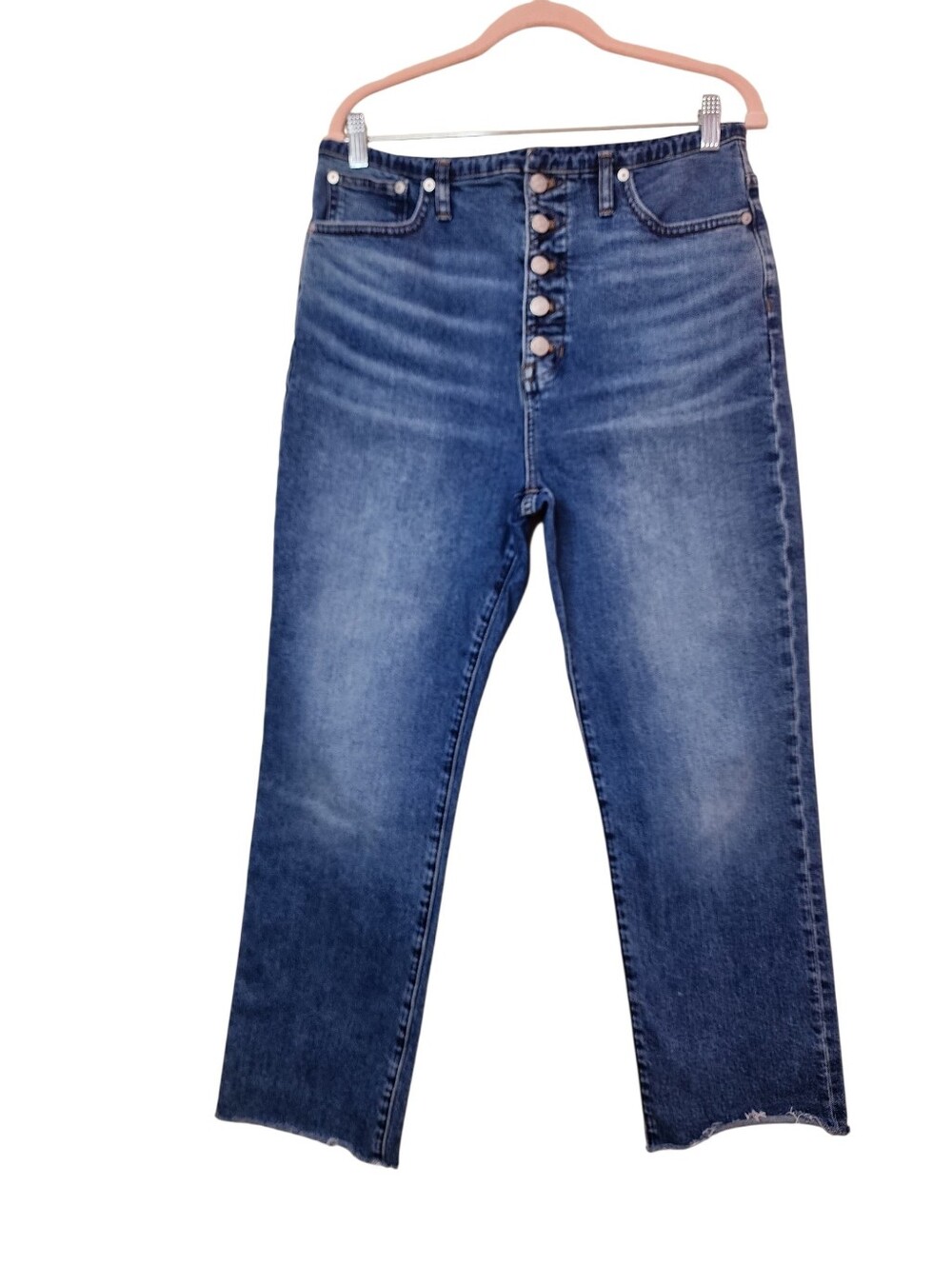 Madewell ’90s Straight High Rise Jeans W30 Blue Denim Button Fly Raw Hem